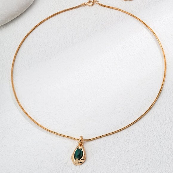 💚 Artisan Original Organic Malachite Pendant Necklace | S925 Gold - Picture 1 of 16